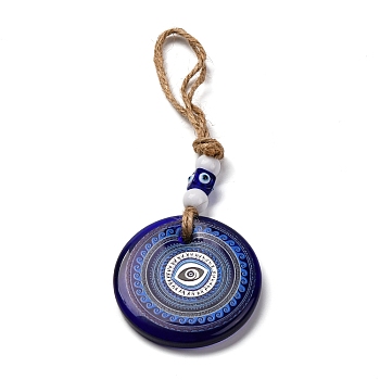 Flat Round with Evil Eye Lampwork Pendant Decoration, Resin Beads and Hemp Rope Hanging Ornaments, Dark Blue, 210~235mm