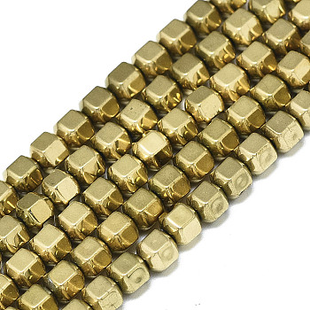 Electroplate Non-magnetic Synthetic Hematite Beads Strands, Round, Faceted, Real 18K Gold Plated, 4x4.3x4mm, Hole: 1mm, about 100pcs/strand, 15.75 inch(40cm)