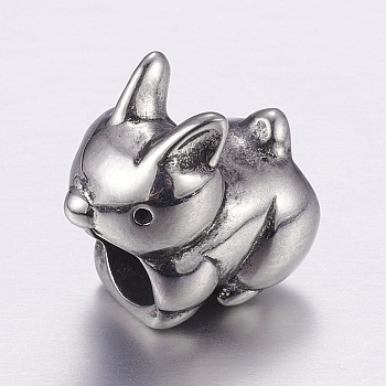 304 Stainless Steel Puppy European Beads, Large Hole Beads, Dog Charms, Antique Silver, 12.5x9x13mm, Hole: 5mm