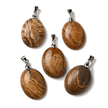 Natural Picture Jasper Pendants, Oval Charms with Rack Plating Platinum Plated Brass Snap on Bails, 30x21.5~22x6~6.5mm, Hole: 6x4mm
