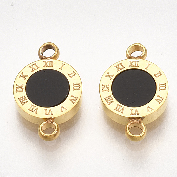 Ion Plating(IP) 304 Stainless Steel Links connectors, with Acrylic, Flat Round with Roman Numerals, Golden, Black, 13x8x2mm, Hole: 1.4mm