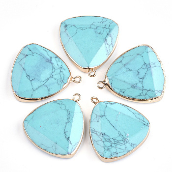 Electroplate Synthetic Turquoise Pendants, with Iron Findings, Faceted, Triangle, Golden, 34x30x7mm, Hole: 1.8mm