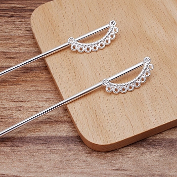 Alloy Hair Stick Findings, with Iron Pins and Loops, D Shape, Silver, Pin Size: 120x2.5mm