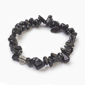 Natural Obsidian Beads Stretch Bracelets, with Alloy Findings, Chip, 1-3/4 inch(4.5cm)