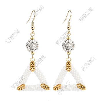Handmade Glass Seed Beads Triangle Dangle Earrings, with Polymer Clay Rhinestone Beads, Triangle, Golden, White, 62x26.5mm