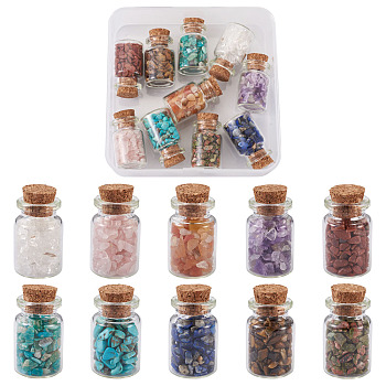 Glass Wishing Bottle Decorations, with Natural & Synthetic Gemstone Chips Inside and Cork Stopper, 10 bottles/set