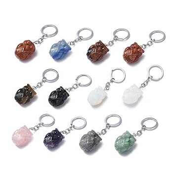 Natural/Synthetic Gemstone Pendant Keychains, with Iron Keychain Findings, Owl, 8cm