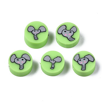 Handmade Polymer Clay Beads, for DIY Jewelry Crafts Supplies, Flat Round with Elephant, Light Green, 9~9.5x3.5~5mm, Hole: 1.6mm