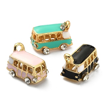 15Pcs 3 Colors Alloy Pendants, with Enamel and Crystal Rhinestone, Bus, Golden, Mixed Color, 18x11x13mm, Hole: 2.5mm, 5pcs/color