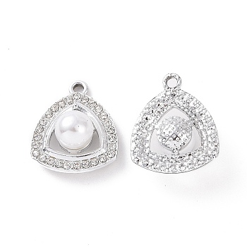 Alloy Rhinestone Pendants, with ABS Imitation Pearl, Platinum Tone Triangle Charms, Crystal, 21.5x18x9mm, Hole: 2mm