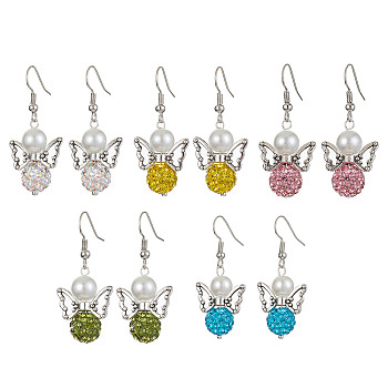 Polymer Clay Rhinestone & Glass Pearl Beaded Dangle Earrings, Angel Alloy Earrings, Mixed Color, 42x18mm
