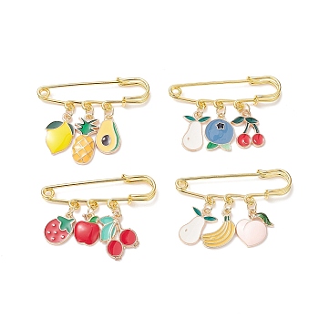 Fruit Alloy Enamel Charm Brooch Pin, Iron Safety Kilt Pin for Sweater Shawl, Mixed Color, 34~40x50.5mm, 4pcs/set
