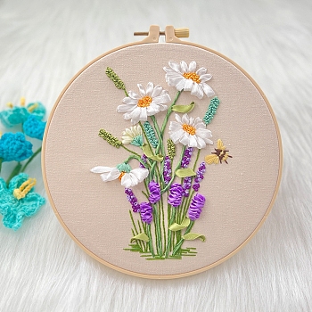DIY 3D Bouquet Pattern Embroidery Starter Kits, Including Embroidery Cloth & Thread, Needle, Embroidery Frame, Instruction Sheet, Blanched Almond, 7.87x7.87 inch(200x200mm)