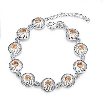Exquisite Brass Cubic Zirconia Flat Round Link Bracelets, with Lobster Clasps, Silver Color Plated, 203.2x11mm