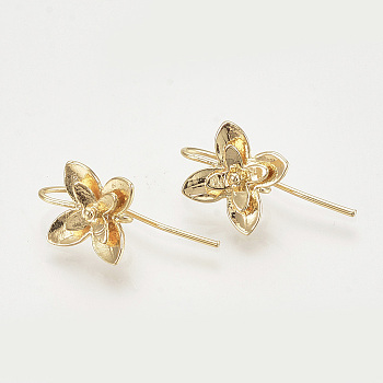 Brass Ear Stud Findings, with Loop, Flower, Nickel Free, Real 18K Gold Plated, 14.5x10.5mm, Hole: 1mm, Pin: 1mm