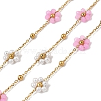 304 Stainless Steel Flower Link Chains, with Glass & ABS Plastic Pearl, Rack Plating, Long-Lasting Plated, Ion Plating(IP), Soldered, with Spool, Real 18K Gold Plated, Pearl Pink, 1.7x1.3x0.6mm(CHS-H113-03G-03)