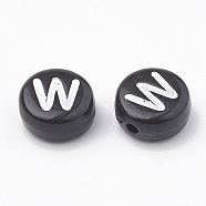 Opaque Acrylic Beads, Horizontal Hole, Alphabet Style, Flat Round, Letter.W, 7x4mm, Hole: 1.5mm, about 3700pcs/500g(SACR-N002-02W)