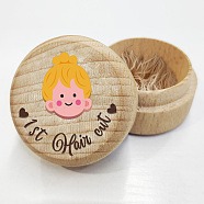 Round Beech Wooden 3D Engraved My First Curl Girl Box, with Acrylic Cabochon, for Baby Shower Birthday Party, Human, 5x3.6cm(CON-WH0120-003)