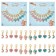 Globe & Moon & Heart Pendant Stitch Markers, Alloy Enamel Crochet Lobster Clasp Charms, Locking Stitch Marker with Wine Glass Charm Ring, Mixed Color, 2.5~3cm, 6 style, 2pcs/style, 12pcs/set(HJEW-AB00363)