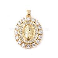 Brass Cubic Zirconia Pendants, Long-Lasting Plated, Oval with Holy Virgin Charms, Golden, Clear, 31x26x5mm, Hole: 6x3mm(KK-Z050-30G-01)