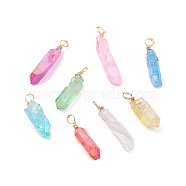 Electroplated Natural Quartz Crystal Pendants, with Golden Brass Findings, Dyed, Nuggets, Mixed Color, 28~40x6.5~9x6~8mm, Hole: 4mm(PALLOY-JF01075)