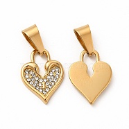 Ion Plating(IP) 304 Stainless Steel Pendants, with Crystal Rhinestone and 201 Stainless Steel Snap on Bails, Heart Pad Charms, Golden, 19x14x2mm, Hole: 4x9mm(STAS-F292-10G)