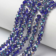 Electroplate Glass Beads Strands, Half Plated, Rainbow Plated, Faceted, Rondelle, Blue, 6x5mm, Hole: 1mm, about 85~88pcs/strand, 16.1~16.5 inch(41~42cm)(X-EGLA-A034-T6mm-J07)