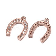 Horseshoe Brass Micro Pave Cubic Zirconia Charms, Grade AAA, Lead Free & Nickel Free & Cadmium Free, Real Rose Gold Plated, 14.5x10x2mm, Hole: 1mm(ZIRC-F009-51RG-NR)