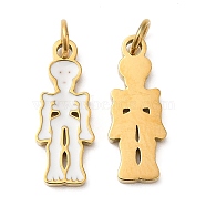 Halloween Ion Plating(IP) 304 Stainless Steel Pendants, with Enamel and Jump Ring, Golden, Skeleton Charm, White, 15x6x1mm, Hole: 2.6mm(STAS-D066-09G)