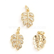 Brass Micro Pave Cubic Zirconia Pendants, Tropical Leaf Charms, with Jump Ring, Monstera Leaf, Clear, Golden, 14.5x9.5x2mm, Hole: 3mm(ZIRC-E164-20G)