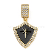 Rack Plating Brass Micro Pave Clear Cubic Zirconia North Star European Dangle Charms, Black Enamel Large Hole Pendants, Real 18K Gold Plated, Long-Lasting Plated, Shield, 35mm, Hole: 4.5x8mm(KK-U035-17G-01)