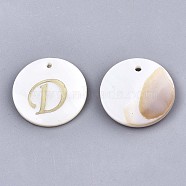Natural Freshwater Shell Pendants, with Golden Plated Brass Etched Metal Embellishments, Flat Round with Letter, Letter.D, 15x2mm, Hole: 1.2mm(X-SHEL-N027-04D)