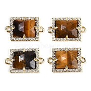 Natural Tiger Eye Faceted Rectangle Links, Rack Plating Brass Micro Pave Clear Cubic Zirconia Connector Charms, Golden, 11.5x18x4.5mm, Hole: 1.4mm(G-I375-07G-10)