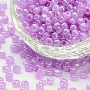 (Repacking Service Available) Glass Seed Beads, Ceylon, Round, Violet, 6/0, 4mm, Hole: 1.5mm, about 12g/bag(SEED-C020-4mm-150)
