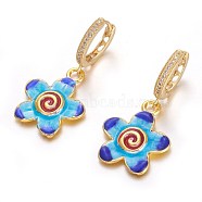 Brass Leverback Earrings, with Cubic Zirconia and Alloy Finding, Flower, Golden, 37.5mm, Pin: 1mm(EJEW-E234-05C-G)