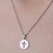 201 Stainless Steel Cross Pendant Necklace, Stainless Steel Color, 17.72 inch(45cm)(NJEW-OY001-12)