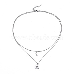 304 Stainless Steel Tiered Necklaces, with Cable Chains and Lobster Claw Clasps, Flat Round with Ankh Cross and Cross, Stainless Steel Color, 15.7 inch(40cm), 1.5mm(X-NJEW-JN02350-02)