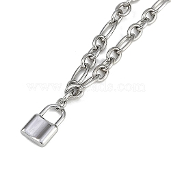 304 Stainless Steel Lock Pendant Figaro Chain Necklaces, Stainless Steel Color, 18.35 inch(46.6cm)(NJEW-I129-02P)