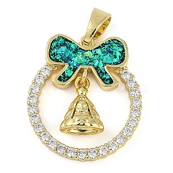 Christmas Theme Rack Plating Brass Micro Pave Cubic Zirconia Pendants, with Synthetic Opal, Long-Lasting Plated, Lead Free & Cadmium Free, Real 18K Gold Plated, Bowknot with Ring, Bell, 26x22.8x5mm, Hole: 3x5mm(KK-U032-14G-02)