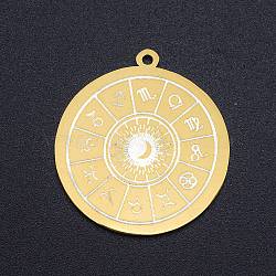 201 Stainless Steel Pendants, Laser Cut, Flat Round with Constellation, Golden, 27.5x25x1mm, Hole: 1.4mm(STAS-S105-LA245)