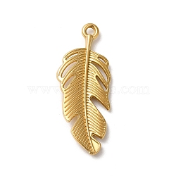 304 Stainless Steel Pendants, Feather Charm, Real 18K Gold Plated, 34x13.5x2.5mm, Hole: 1.6mm(STAS-I203-63G)
