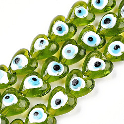 Heart Evil Eye Lampwork Bead Strands, Yellow Green, 13~15x15x9mm, Hole: 2mm, about 24pcs/strand, 11.4 inch(LAMP-R119-05)