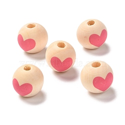 Printed Wood European Beads, Large Hole Beads, Round with Heart Pattern, Hot Pink, 16x15mm, Hole: 4mm(WOOD-F011-10B)