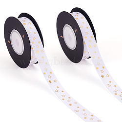 Polyester Satin Ribbon, with Single Face Golden Hot Stamping, Star Pattern, White, 5/8"(16mm), 10yards/roll(9.14m/roll)(OCOR-TAC0001-12B)