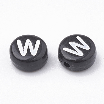 Opaque Acrylic Beads, Horizontal Hole, Alphabet Style, Flat Round, Letter.W, 7x4mm, Hole: 1.5mm, about 3700pcs/500g