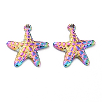 Ion Plating(IP) 304 Stainless Steel Pendants, Starfish, Rainbow Color, 23x23x3mm, Hole: 2mm