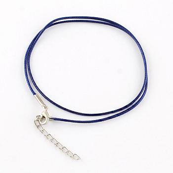 Waxed Cotton Cord Necklace Making, with Alloy Lobster Claw Clasps and Iron End Chains, Platinum, Marine Blue, 17.4 inch(44cm)