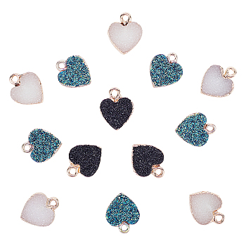 Electroplate Druzy Resin Pendants, with Light Gold Plated Iron Loop, Heart , Mixed Color, 15x12x3.5~4mm, Hole: 1mm, 15pcs/Box