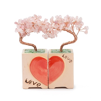 Heart Money Tree Natural Rose Quartz Bonsai Display Decorations, for Home Office Decor Good Luck, 52x48.5x160mm