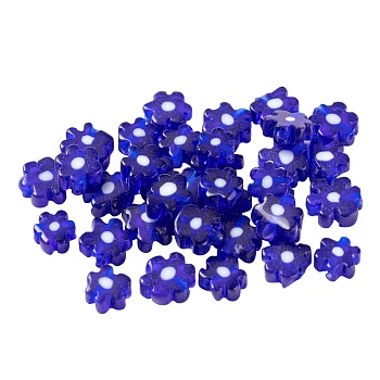 30Pcs Handmade Millefiori Glass Beads, Plum Flower, Blue, 6.4x3.2mm, Hole: 1mm, 30Pcs/Bag